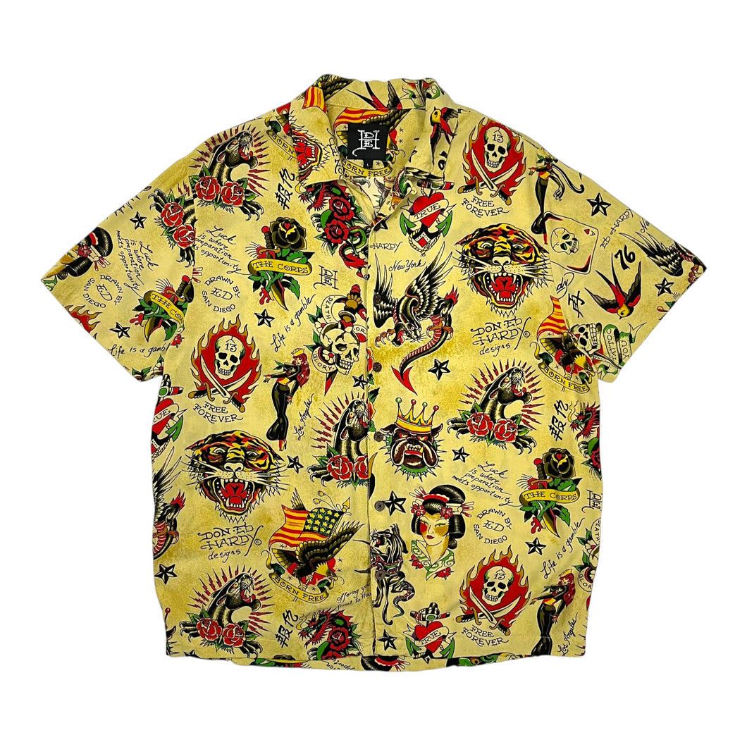 Ed Hardy Traditional Tattoo Flashboard All Over Print Button Up - Size L