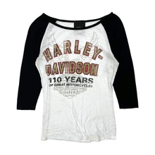 Load image into Gallery viewer, Women&#39;s Harley-Davidson 3/4 Sleeve 110th Anniversary Baseball Tee - Size L
