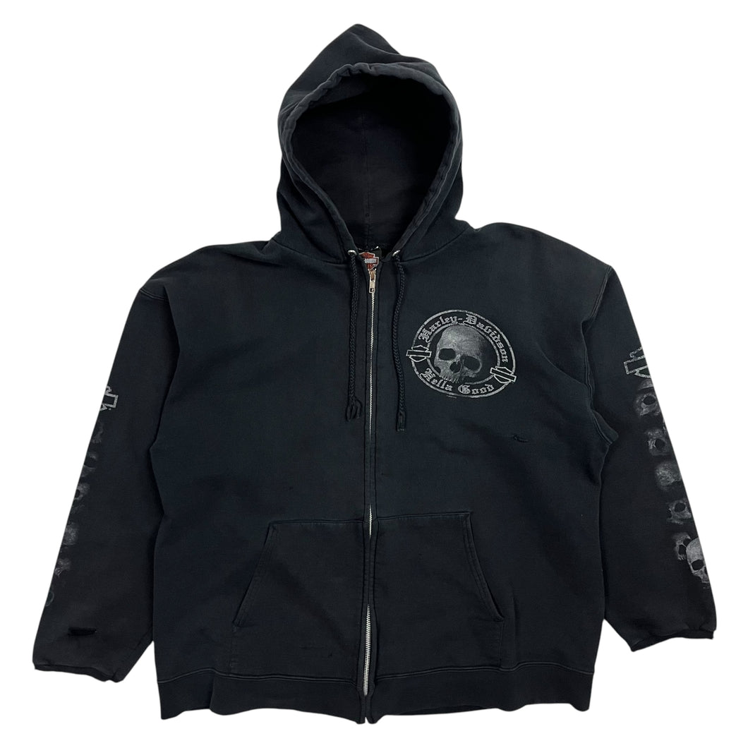 Distressed Harley-Davidson Hella Good Skull Zip-Up Hoodie - Size L