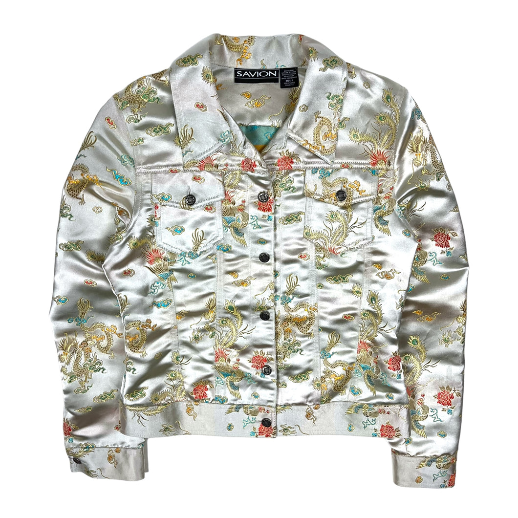 Women's Faux Silk Dragon & Phoenix Trucker Jacket - Size S/M