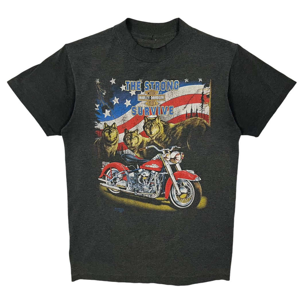 1991 Harley-Davidson 3D Emblem The Strong Survive Wolf Tee - Size M/L