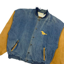 Load image into Gallery viewer, Distressed Ford Mustang Denim Varsity Jacket - Size L
