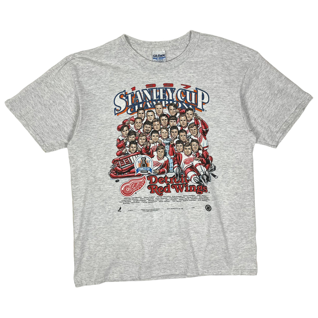 1997 Detroit Red Wings Stanley Cup Champions Cartoon Tee - Size XL