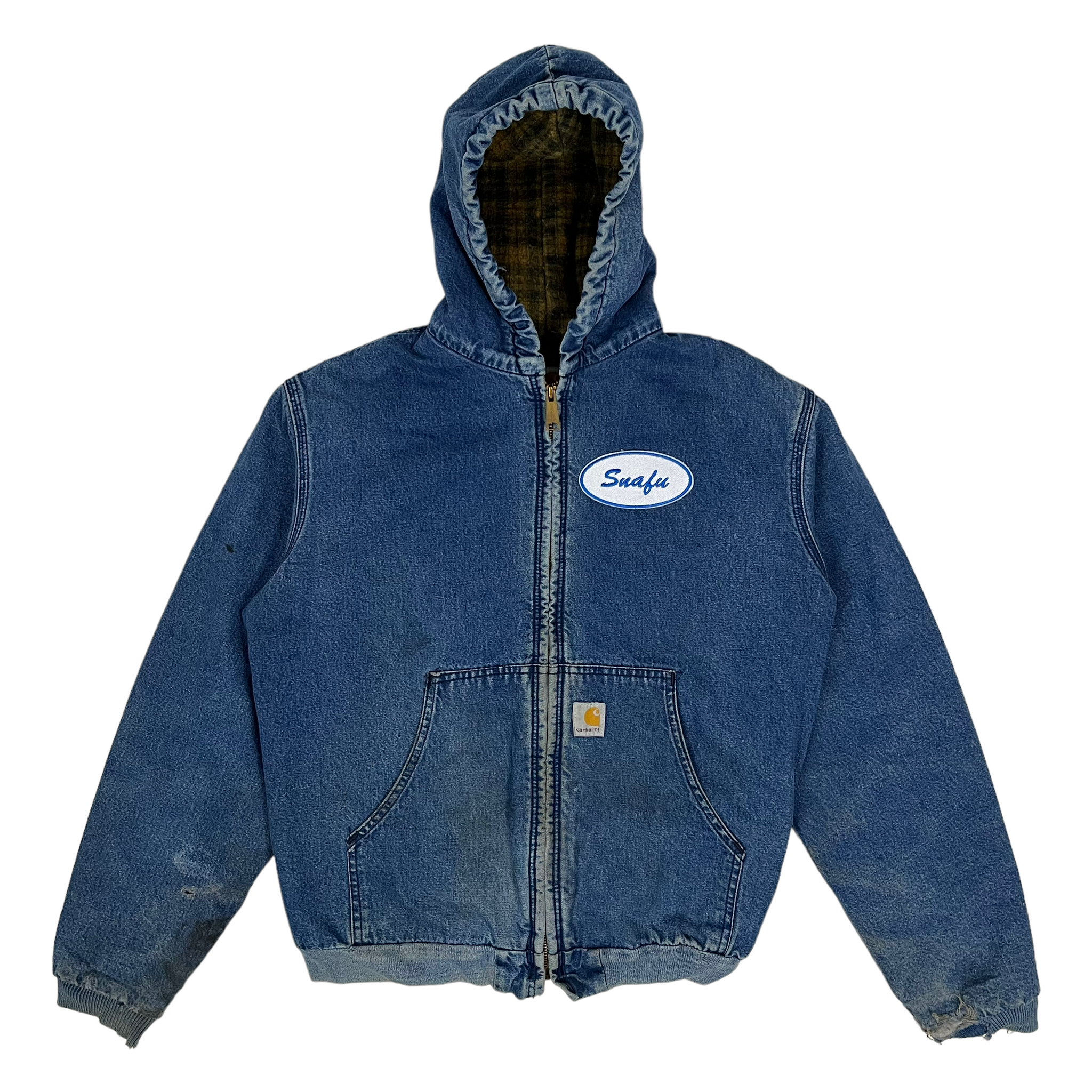 Snafu Carhartt Hooded Blanket Lined Denim Work Jacket Size S